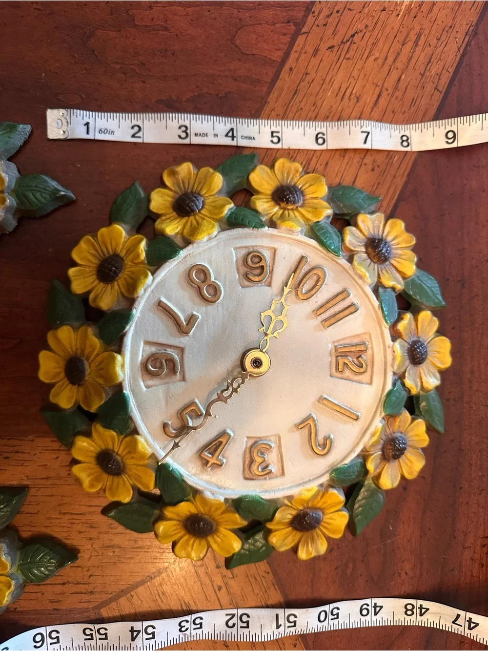 Vintage Yellow Sunflower metal Wall Clock and Floral Plaques - Decorative Home